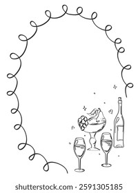 Elegant vintage framed menu template with hand drawn fruit and wine,invitations,greeting cards.Vintage drawn sketch vector illustration