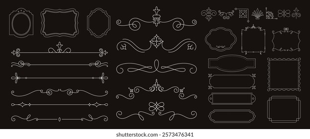 Elegant vintage frames and borders in ornate designs. Ornate frames, vintage style, decorative borders. Perfect for vintage-themed projects and designs. Vintage ornamental elements vector set.