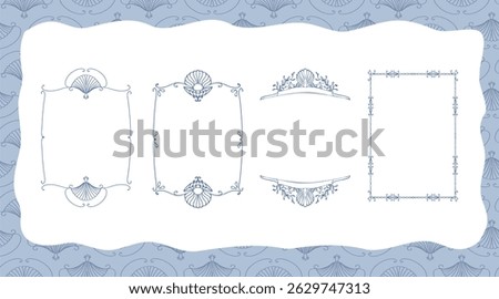 Elegant vintage frames with seashell ornaments in blue line art. Perfect for nautical wedding invites, marine-themed designs, or coastal branding.