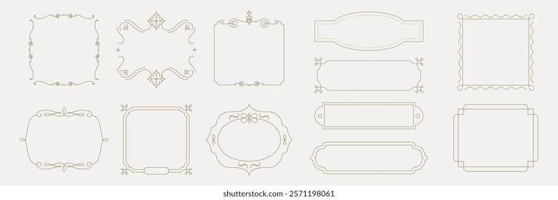 Elegant vintage frames in various shapes and styles. Ornate and decorative frames for invitations or labels. Classic frame designs for vintage aesthetics. Vintage ornamental elements vector set.