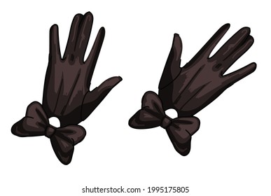 Elegant vintage gloves for women, isolated pair of mittens of leather or textile with bead and decorative ribbon or bow. Romantic apparel and outfit charming accessories. Vector in flat style