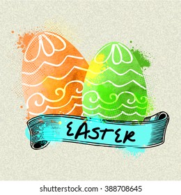 Elegant vintage greeting card design with floral decorated painted eggs on grungy background for Happy Easter celebration.