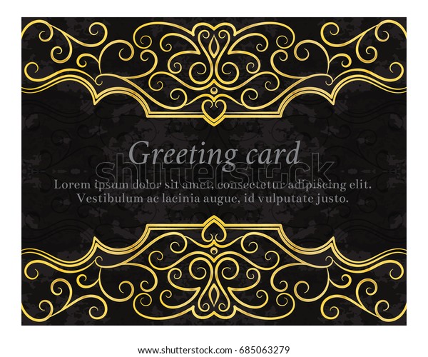 Elegant vintage greeting card with gold\
ornament on black background. Design element for wedding invitation\
or announcement template, banner, postcard, save the date card.\
Vector illustration.