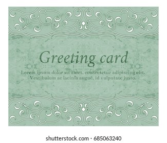 Elegant vintage greeting card with graceful ornament on green background. Design element for wedding invitation or announcement template, banner, postcard, save the date card. Vector illustration.