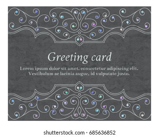 Elegant vintage greeting card with graceful ornament on blue background. Design element for wedding invitation or announcement template, banner, postcard, save the date card. Vector illustration.