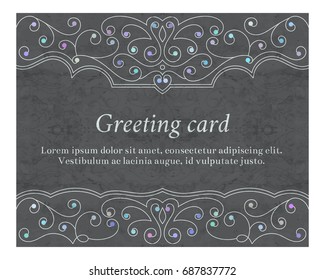 Elegant vintage greeting card with graceful ornament on blue background. Design element for wedding invitation or announcement template, banner, postcard, save the date card. Vector illustration.
