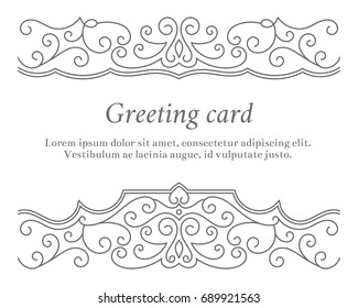 Elegant vintage greeting card with graceful ornament. Editable stroke design element for wedding invitation or announcement template, banner, postcard, save the date card. Vector illustration.