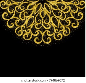 Elegant vintage greeting card with graceful ornament from gold dust texture on black background. Design element for wedding invitation, postcard, save the date, greeting card. Vector illustration.