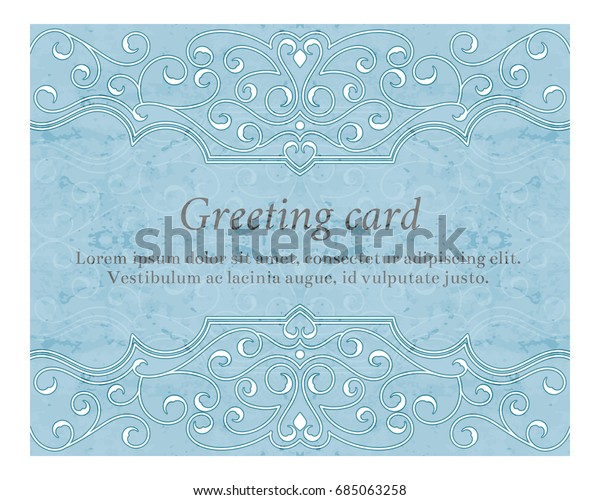 Elegant vintage greeting card with graceful\
ornament on blue background. Design element for wedding invitation\
or announcement template, banner, postcard, save the date card.\
Vector illustration.