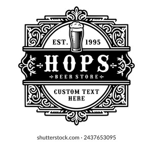 Elegant Vintage Hops Flower Badge Emblem Label for Craft Beer Brewing Brewery Logo Design.