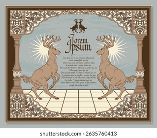 Elegant vintage illustration with twin deer, floral batik, and medieval frame. Perfect for book covers, invitations, menus, greeting cards, and decorative labels. Soft earth-tone classic design.