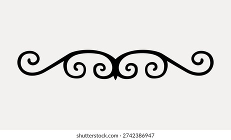 Elegant vintage illustration vector featuring a symmetrical black flourish design with swirling curves, perfect for decorative borders or classic design elements.