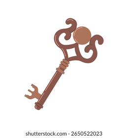 Elegant vintage key with ornate design in brown shades. Great for fantasy, mystery, steampunk, and treasure hunt themed illustrations.