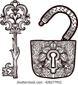 Elegant vintage keys and lock. Ornamental forged elements with curlicues. Hand drawing vector. Medieval, history, embellishment, t-shirt print or pendant design usage, coloring book, zentangle style.
