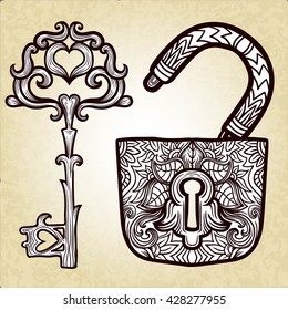 Elegant vintage keys and lock. Ornamental forged elements with curlicues. Hand drawing vector. Medieval, history, embellishment, t-shirt print or pendant design usage, coloring book, zentangle style.