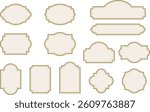 Elegant vintage labels with ornate frames in cream beige and gold color. Classic tags with decorative border for handmade branding and rustic packaging. Set of vector designs with blank space
