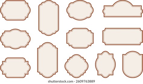 Elegant vintage labels with ornate frames in cream beige and red color. Classic tags with decorative border for handmade branding and rustic packaging. Set of vector designs with blank space