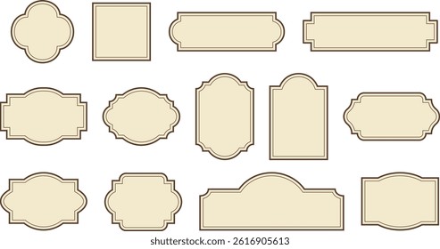 Elegant vintage labels with ornate frames in cream beige and brown color. Classic tags with decorative border for handmade branding and rustic packaging. Set of vector designs with blank space