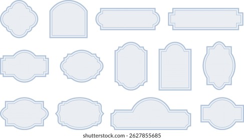 Elegant vintage labels with ornate frames in soft blue color. Classic tags with decorative border for handmade branding and rustic packaging. Set of vector designs with blank space