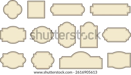 Elegant vintage labels with ornate frames in cream beige and brown color. Classic tags with decorative border for handmade branding and rustic packaging. Set of vector designs with blank space