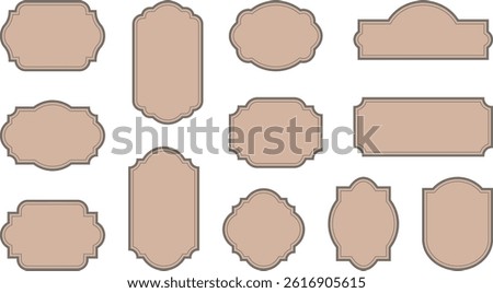 Elegant vintage labels with ornate frames in muted taupe color. Classic tags with decorative border for handmade branding and rustic packaging. Set of vector designs with blank space