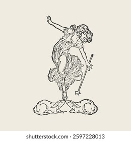 Elegant vintage line art of a mystical woman dancing with a wand, surrounded by rabbits, symbolizing magic and fortune.