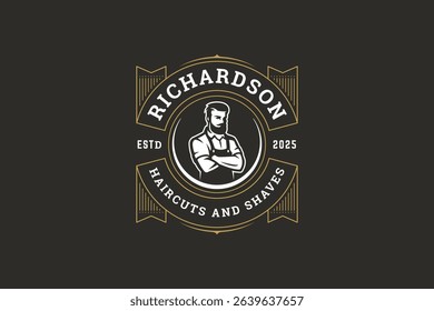 Elegant vintage logo featuring a confident gentleman, barber tools, and classic design elements. Perfect for barbershop branding. Vector illustration