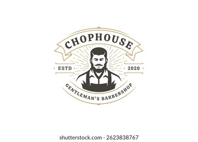Elegant vintage logo featuring a gentleman with beard and mustache, surrounded by rays of light, with text elements in classic style. Perfect for barbershop branding. Vector illustration