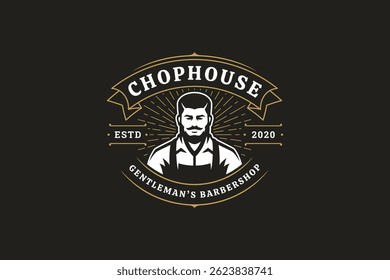 Elegant vintage logo featuring a gentlemans barbershop with retro design elements, including a beard and apron. Ideal for grooming services and fashion-oriented businesses. Vector illustration
