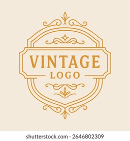 An elegant vintage logo featuring the text 'VINTAGE LOGO' within an ornate golden frame with decorative flourishes. Perfect for brands seeking a classic and sophisticated aesthetic.