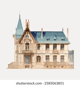 Elegant vintage mansion with intricate architecture. Mansion features detailed design, vintage charm, and classic elegance. Architectural beauty of a vintage mansion. Vintage art illustration, vector.