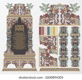 Elegant vintage medieval floral frame with intricate ornaments and parakeet birds. Perfect for book covers, invitations, greeting cards, labels, and decorative backgrounds. Classic artistic design.