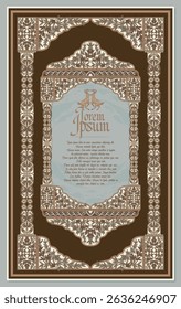 Elegant vintage medieval frame with brown floral batik ornament and deer motif. Perfect for book covers, invitations, menus, or decorative backgrounds.