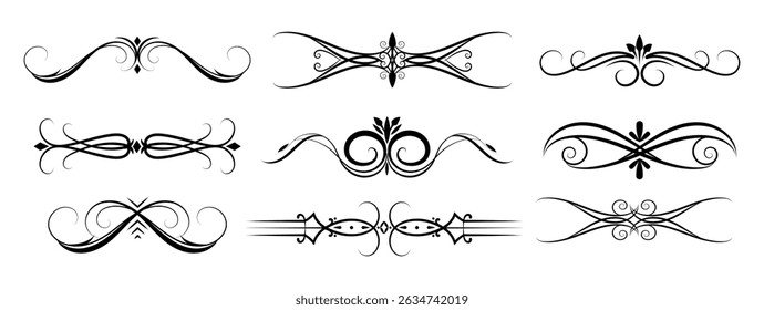 Elegant vintage ornamental dividers and swirl elements set in black line art, ideal for invitations, certificates, packaging, branding, web headers, and decorative print design.Vector illustration