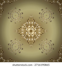 Elegante patrón ornamental vintage con un medallón central floral en tonos dorados sobre un cálido fondo beige. Lujoso Vector, diseño sin costuras ideal para Fondos de pantalla, textiles, embalaje y decoración clásica