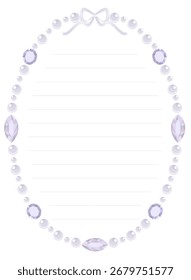 Elegante vintage oval notas modelo com pérolas brancas, joias violeta e um arco de cetim. Modelo de nota imprimível com linhas para diário, carta, convite. Ilustração vetorial EPS 10