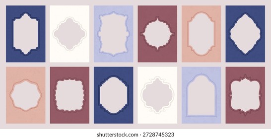 Elegantes marcos de papel vintage con filigrana en relieve y lujoso conjunto aislado de volutas victorianas. Vertical de bordes antiguos rectangulares con florituras delicadas Copiar espacio Ilustración vectorial