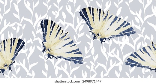 Elegant Vintage pattern with Watercolor Butterflies. Silhouette of white branches at background.