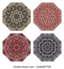 Elegant vintage patterned elements set. Traditional symmetric ornaments for octagonal rug.