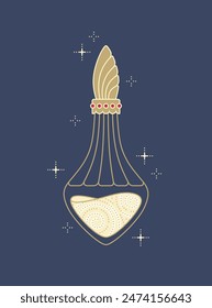 Elegant vintage perfume bottle. Whimsical cut-glass vial with magic golden elixir or potion. Vector illustration.