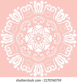 Elegant vintage pink and white round vector ornament in classic style. Abstract traditional ornament with oriental elements. Classic vintage pattern