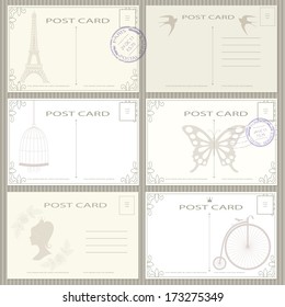 Elegant vintage post card and postage stamps vector set.