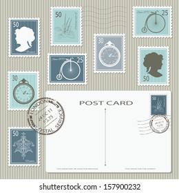 Elegant vintage postage stamps set with postcard. Vector illustration. Can be used for scrapbook, invitation cards, collage design. All objects grouped separately, easy to use.