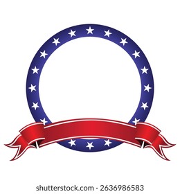 An elegant vintage red blue and white frame ribbon design with an American flag emblem, perfect for a 4th of July celebration banner