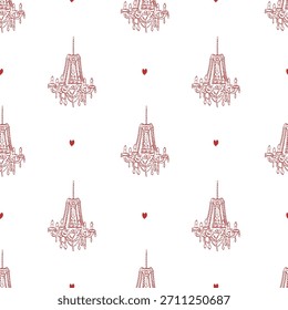 Elegantes vintage rotes nahtloses Muster mit handgezeichneten vintage Kronleuchter und Herzen, antiker Kronleuchter. Rote Symbole auf weißem Hintergrund. Vektorhintergrund für Feiertag, Valentinstag, Hochzeit, Geburtstag
