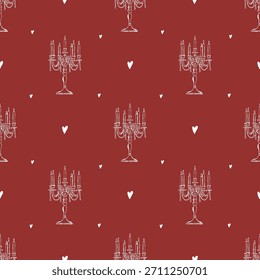 Elegante vintage vermelho padrão sem emenda com candelabros puxados à mão, velas antigas com contas, pérolas e corações. Ícones brancos em um fundo vermelho. Fundo vetorial para feriados, Dia dos Namorados