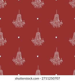 Elegantes vintage rotes nahtloses Muster mit handgezeichneten vintage Kronleuchter und Herzen, antiker Kronleuchter. Weiße Symbole auf rotem Hintergrund. Vektorhintergrund für Feiertag, Valentinstag, Hochzeit, Geburtstag