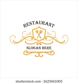 Elegant vintage restaurant logo with decorative frame, shield and spoon and fork, perfect for restaurant, cafe, catering or culinary brand. Editable vector for branding and promotional materials.