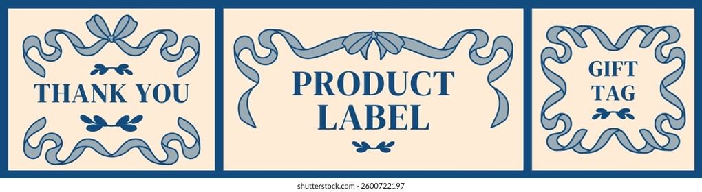 Elegant vintage ribbon frames for thank you cards, product labels, banners and gift tags. Hand-drawn, decorative scrollwork with a classic baroque touch for luxury branding, invitations, packaging