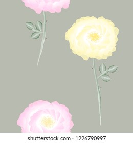 Elegant vintage seamless floral pattern with spring tender yellow and pink dog rose flowers and leaves on light beige background, Watercolor hand drawn eps 10 vector illustration